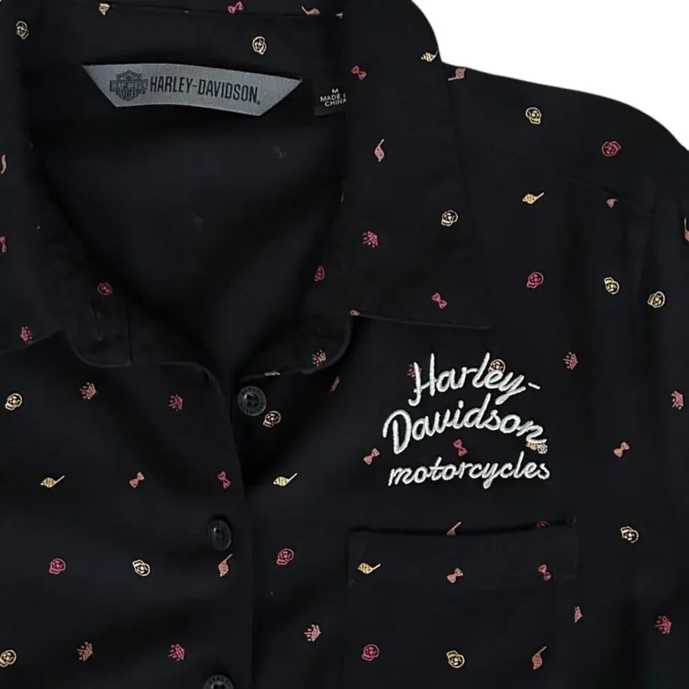Harley-Davidson Women’s Black Button-Up Shirt Mini Print Medium - Picture 2 of 8